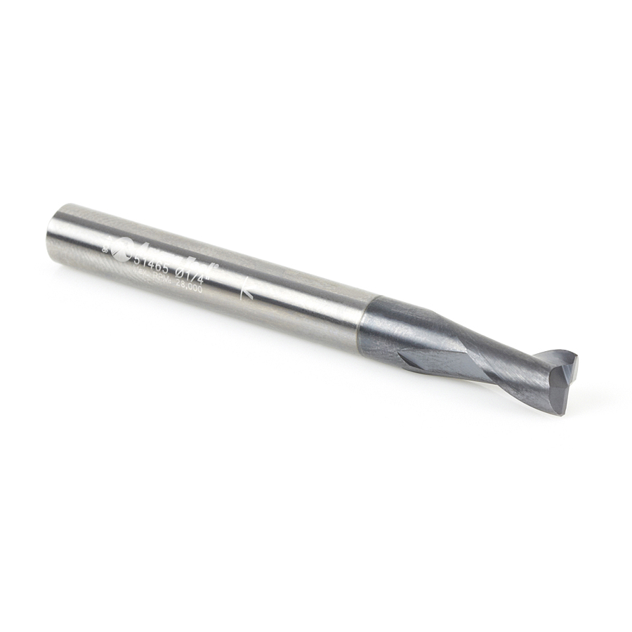 51465 CNC Solid Carbide Spiral for Steel & Stainless Steel with AlTiN Coating 2-Flute x 1/4 Dia x 3/8 x 1/4 Shank x 2-1/2 Inch Long Up-Cut Router Bit / 45º Corner Chamfer End Mill