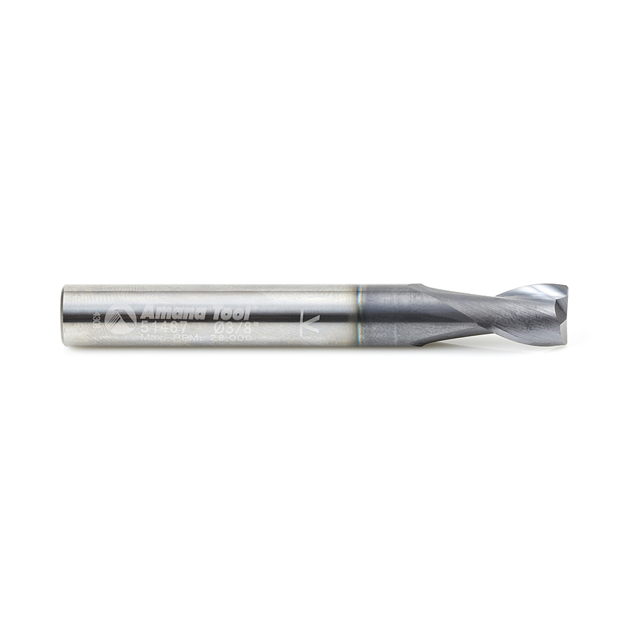 51467 CNC Solid Carbide Spiral for Steel & Stainless Steel with AlTiN Coating 2-Flute x 3/8 Dia x 1/2 x 3/8 Shank x 3 Inch Long Up-Cut Router Bit / 45º Corner Chamfer End Mill