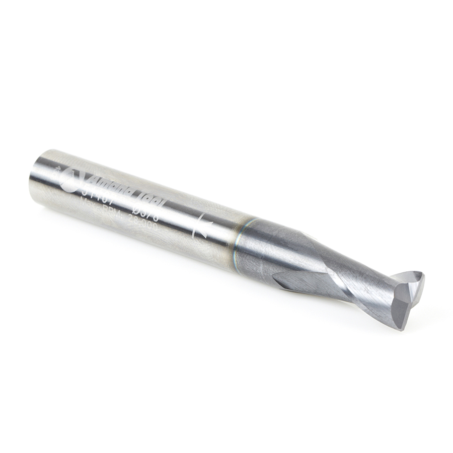 51467 CNC Solid Carbide Spiral for Steel & Stainless Steel with AlTiN Coating 2-Flute x 3/8 Dia x 1/2 x 3/8 Shank x 3 Inch Long Up-Cut Router Bit / 45º Corner Chamfer End Mill