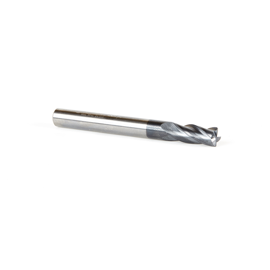 51604 CNC Solid Carbide Spiral for Steel & Stainless Steel with AlTiN Coating 4-Flute x 1/4 Dia x 5/8 x 1/4 Shank x 2-3/8 Inch Long Up-Cut Router Bit / 45º Corner Chamfer End Mill