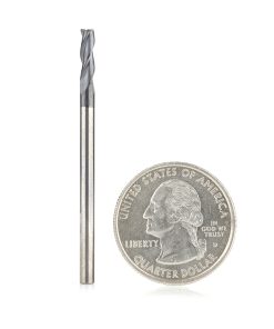 51610 CNC Metric Solid Carbide Spiral for Steel & Stainless Steel with AlTiN Coating 3-Flute x 3mm Dia x 3mm x 3mm Shank x 40mm Long Up-Cut Router Bit / 45º Corner Chamfer End Mill