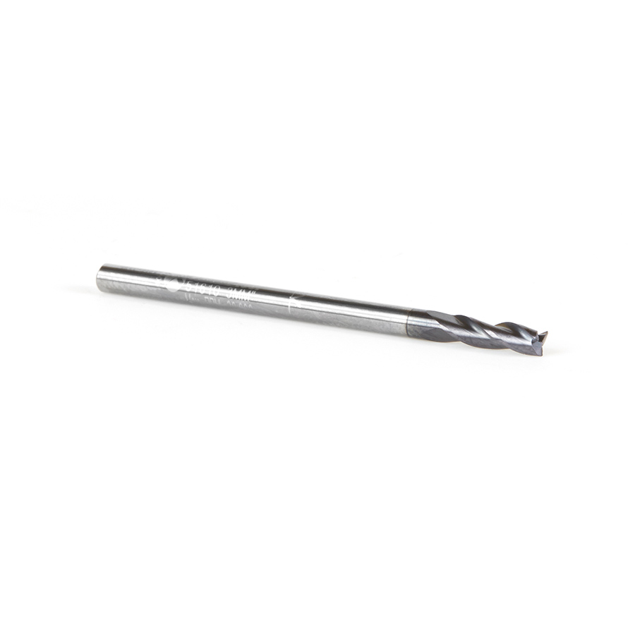 51610 CNC Metric Solid Carbide Spiral for Steel & Stainless Steel with AlTiN Coating 3-Flute x 3mm Dia x 3mm x 3mm Shank x 40mm Long Up-Cut Router Bit / 45º Corner Chamfer End Mill