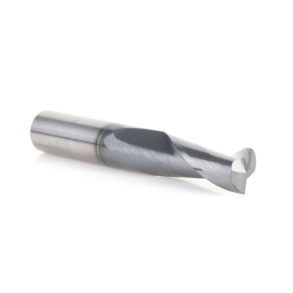 51677 CNC Solid Carbide Spiral for Steel & Stainless Steel with AlTiN Coating 2-Flute x 3/8 Dia x 1 x 3/8 Shank x 2-1/2 Inch Long Up-Cut Router Bit / 45º Corner Chamfer End Mill