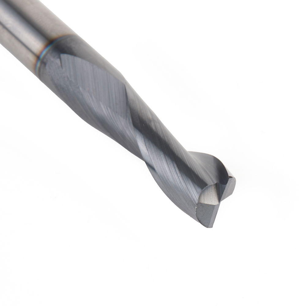 51677 CNC Solid Carbide Spiral for Steel & Stainless Steel with AlTiN Coating 2-Flute x 3/8 Dia x 1 x 3/8 Shank x 2-1/2 Inch Long Up-Cut Router Bit / 45º Corner Chamfer End Mill