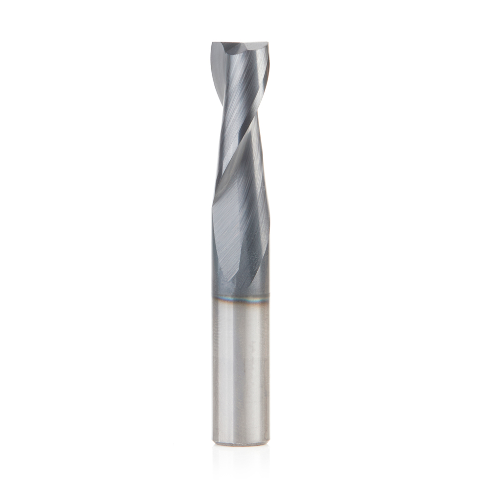 51677 CNC Solid Carbide Spiral for Steel & Stainless Steel with AlTiN Coating 2-Flute x 3/8 Dia x 1 x 3/8 Shank x 2-1/2 Inch Long Up-Cut Router Bit / 45º Corner Chamfer End Mill