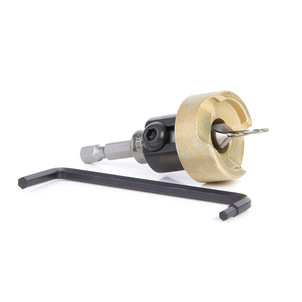 55150 Carbide Tipped 82 Degree Countersink with Tapered Drill and Adjustable Depth Stop with No-Thrust Ball Bearing 3/8 Dia x 3/32 Drill Dia x 1/4 Inch Quick Release Hex Shank