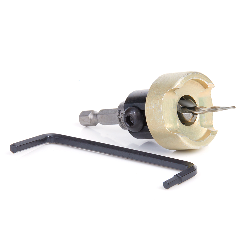 55151 Carbide Tipped 82 Degree Countersink with Tapered Drill and Adjustable Depth Stop with No-Thrust Ball Bearing, 3/8 Dia x 1/8 Drill Dia x 1/4 Inch Quick Release Hex Shank
