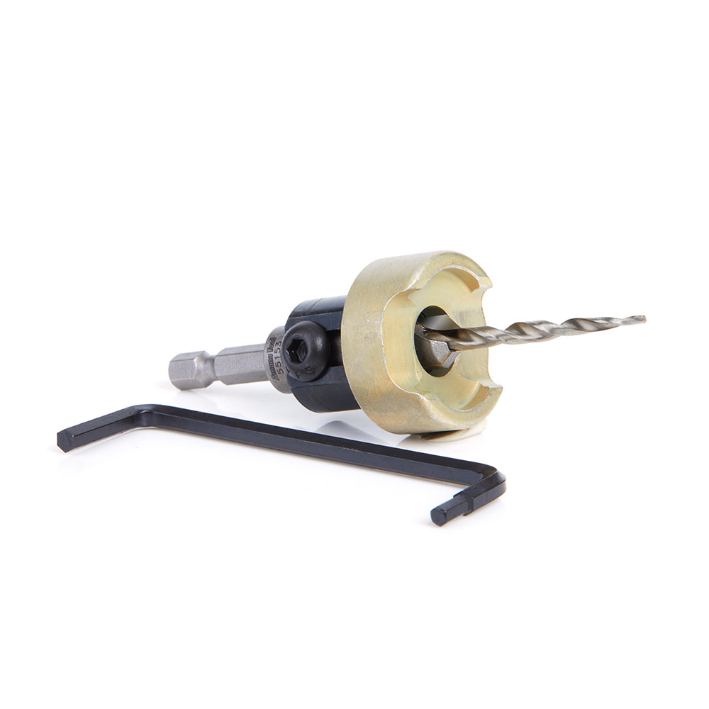 55153 Carbide Tipped 82 Degree Countersink with Tapered Drill and Adjustable Depth Stop with No-Thrust Ball Bearing, 3/8 Dia x 5/32 Drill Dia x 1/4 Inch Quick Release Hex Shank