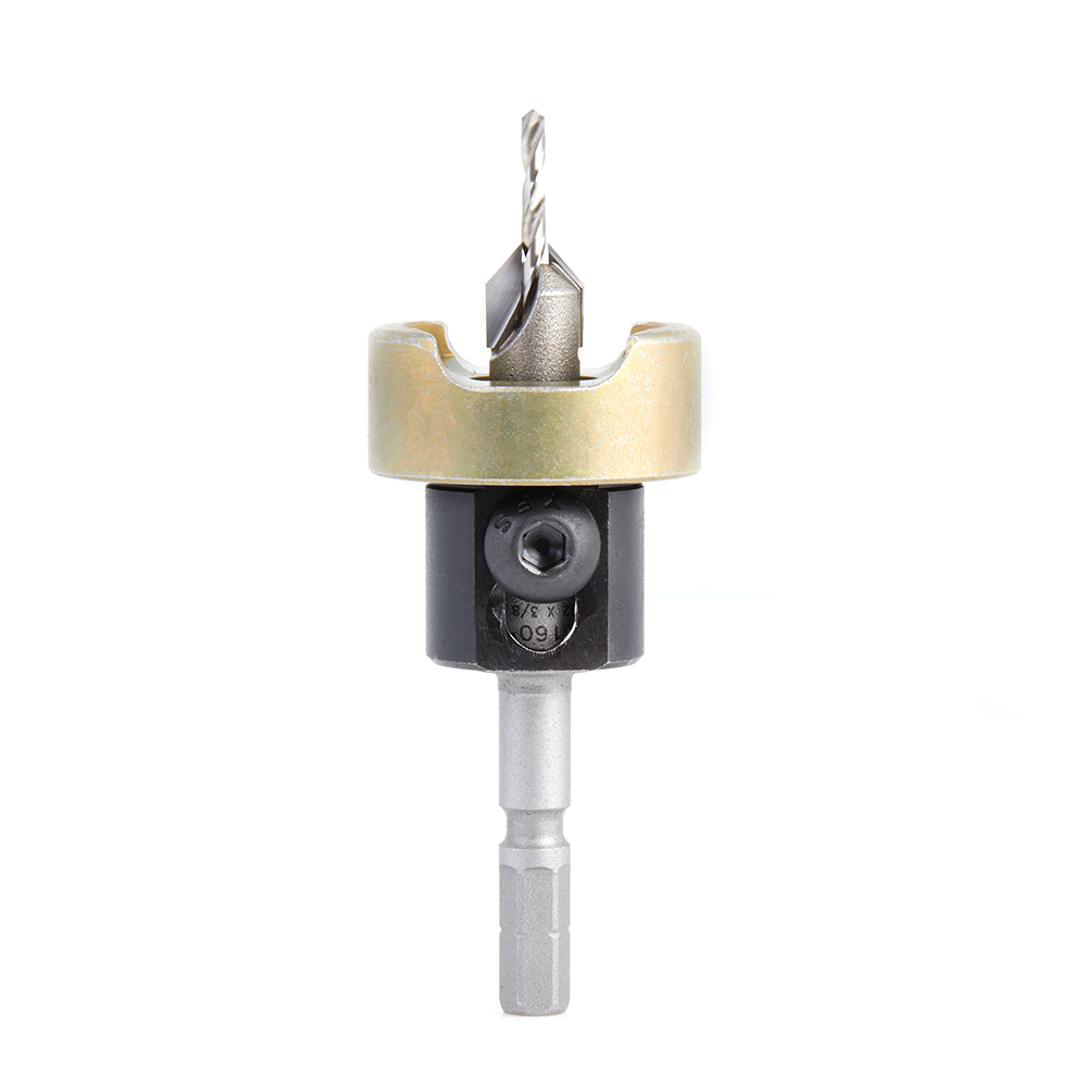 55160 Carbide Tipped 82 Degree Countersink with Adjustable Depth Stop and No-Thrust Ball Bearing, For Festool® CENTROTEC® System 3/8 Dia x 3/32 Drill Dia for Wood Screw #6