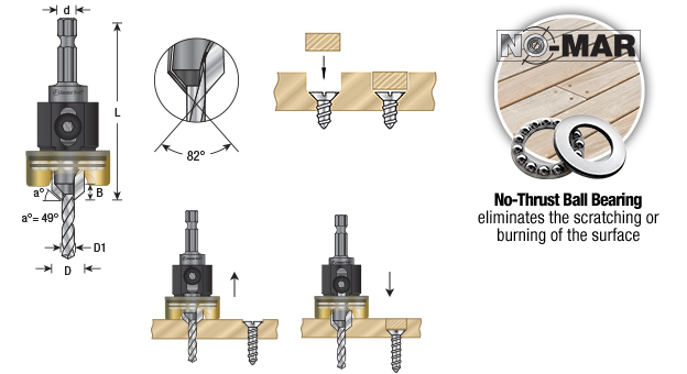 55241 Carbide Tipped 82 Degree Countersink with Adjustable Depth Stop and No-Thrust Ball Bearing, 3/8 Dia x 7/64 Drill Dia x 1/4 Inch Quick Release Hex Shank for Wood Screw #8
