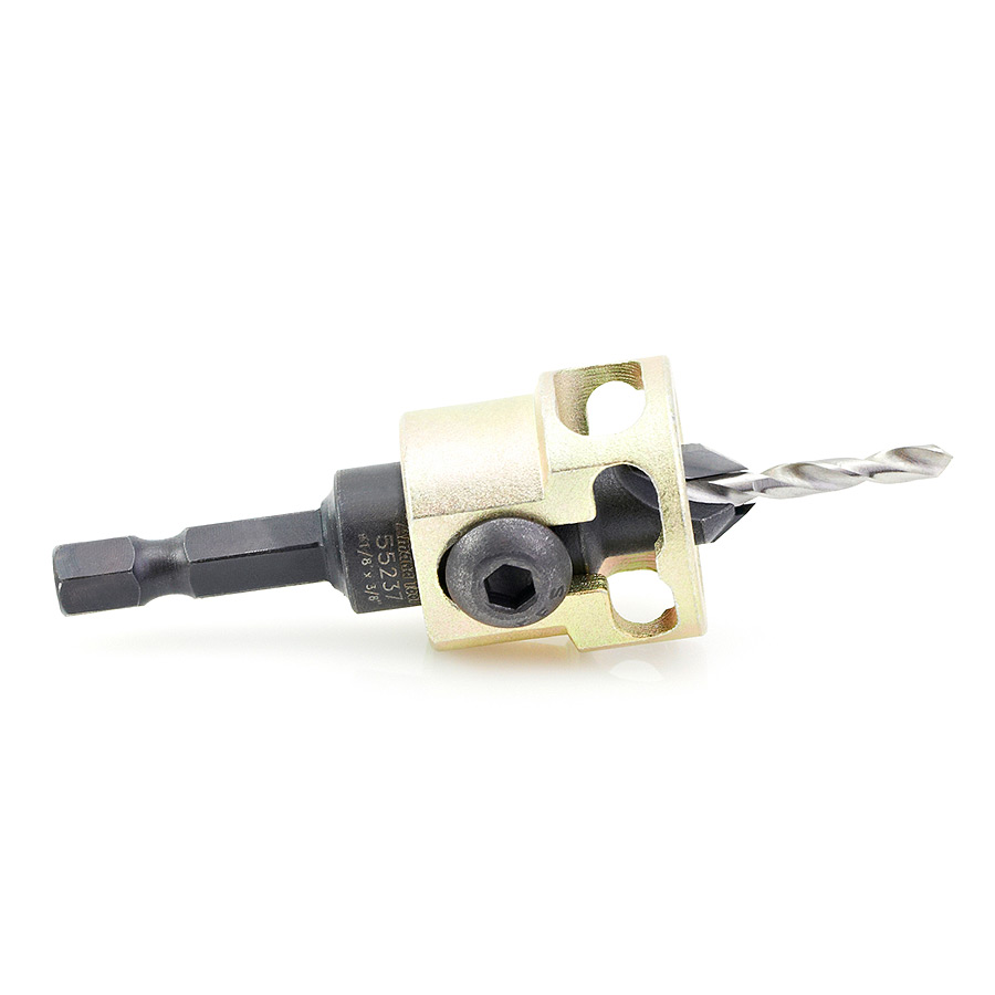 55237 Carbide Tipped Adjustable Countersink with Depth-Stop 3/8 Dia x 49 Degree Angle x 1/4 Shank Includes Repl. Drill Bit 630-226