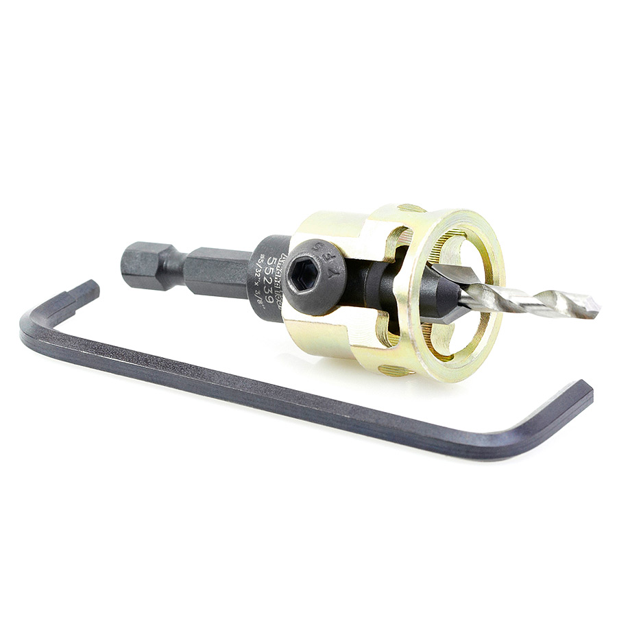 55239 Carbide Tipped Adjustable Countersink with Depth-Stop 3/8 Dia x 49 Degree Angle x 1/4 Shank Includes Repl. Drill Bit 630-230