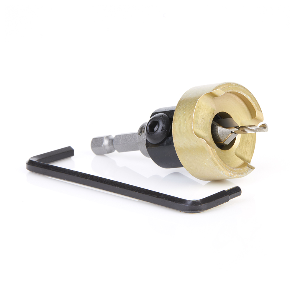 55241 Carbide Tipped 82 Degree Countersink with Adjustable Depth Stop and No-Thrust Ball Bearing, 3/8 Dia x 7/64 Drill Dia x 1/4 Inch Quick Release Hex Shank for Wood Screw #8
