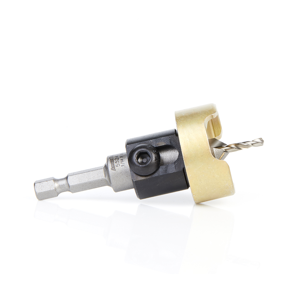 55241 Carbide Tipped 82 Degree Countersink with Adjustable Depth Stop and No-Thrust Ball Bearing, 3/8 Dia x 7/64 Drill Dia x 1/4 Inch Quick Release Hex Shank for Wood Screw #8