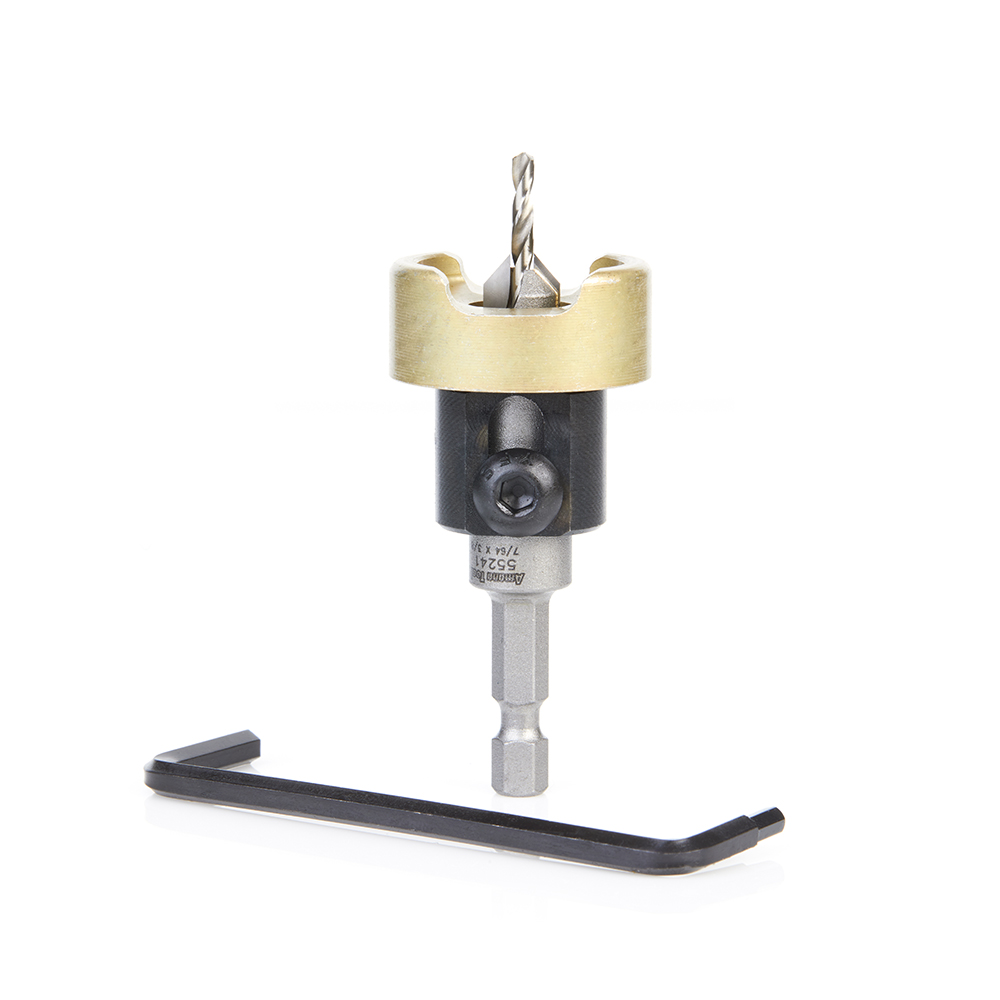 55241 Carbide Tipped 82 Degree Countersink with Adjustable Depth Stop and No-Thrust Ball Bearing, 3/8 Dia x 7/64 Drill Dia x 1/4 Inch Quick Release Hex Shank for Wood Screw #8