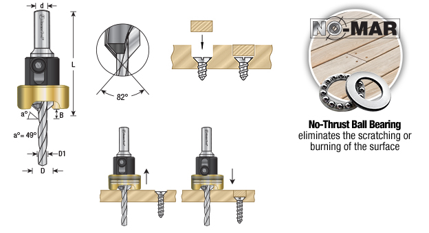 55244 Carbide Tipped 82 Degree Countersink with Adjustable Depth Stop and No-Thrust Ball Bearing, 1/2 Dia x 1/4 Drill Dia x 10mm Round Shank for Wood Screw #14