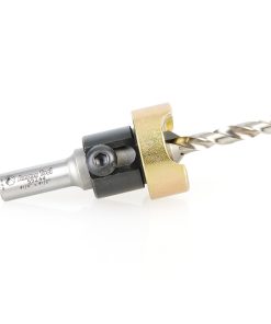 55244 Carbide Tipped 82 Degree Countersink with Adjustable Depth Stop and No-Thrust Ball Bearing, 1/2 Dia x 1/4 Drill Dia x 10mm Round Shank for Wood Screw #14