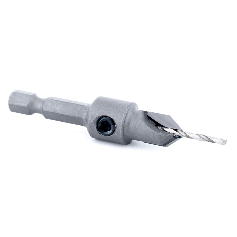 55260 Carbide Tipped 82 Degree Countersink 3/8 Dia x 49 Deg x 1/4 Quick Release Hex Shank for Wood Screw #4