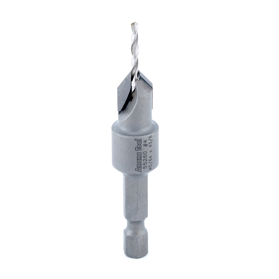 55260 Carbide Tipped 82 Degree Countersink 3/8 Dia x 49 Deg x 1/4 Quick Release Hex Shank for Wood Screw #4