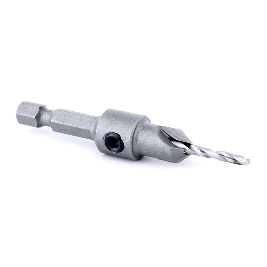 55264 Carbide Tipped 82 Degree Countersink 3/8 Dia x 49 Deg x 1/4 Quick Release Hex Shank for Wood Screw #8