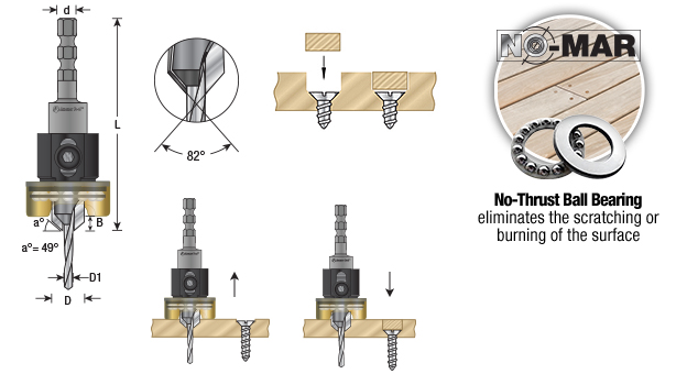 55334 Carbide Tipped 82 Degree Countersink with Adjustable Depth Stop and No-Thrust Ball Bearing, Hybrid for Festool® CENTROTEC® System 3/8 Dia x 1/8 Drill Dia x 1/4 Inch Quick Release Hex Shank for Wood Screw #10