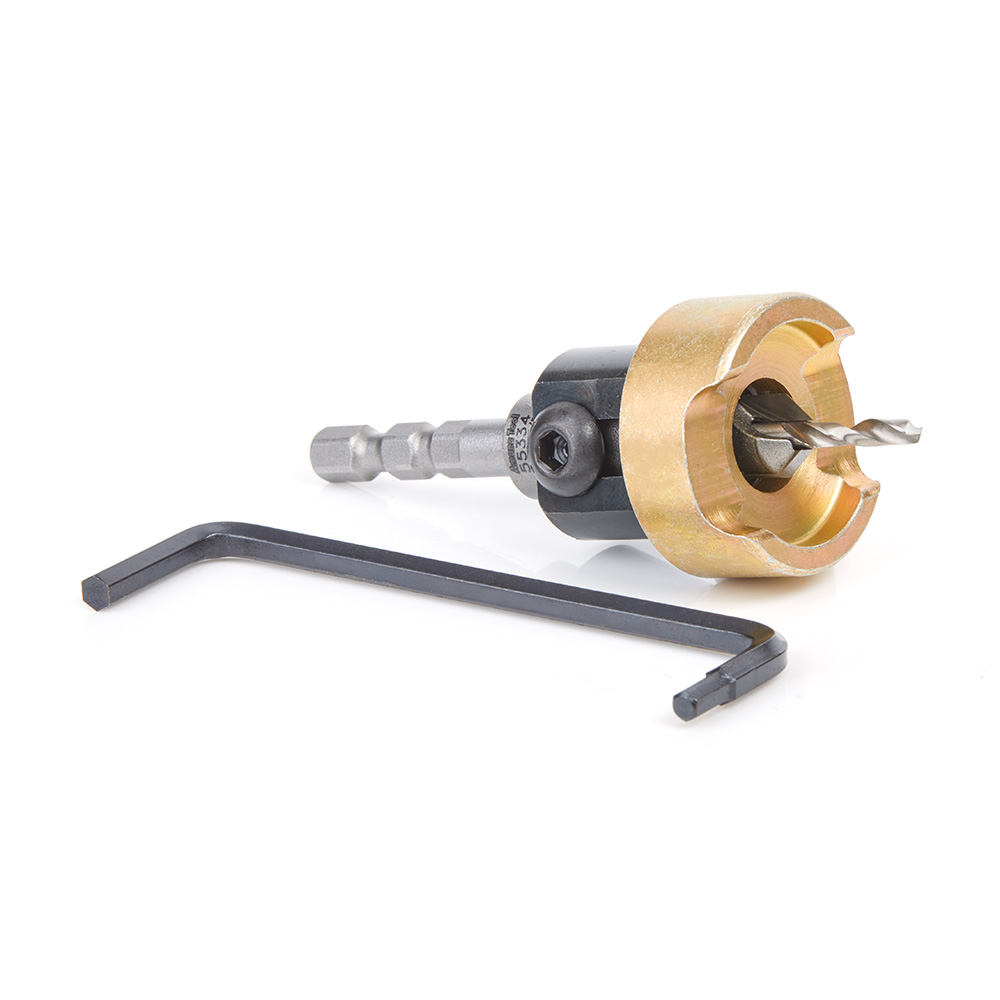 55334 Carbide Tipped 82 Degree Countersink with Adjustable Depth Stop and No-Thrust Ball Bearing, Hybrid for Festool® CENTROTEC® System 3/8 Dia x 1/8 Drill Dia x 1/4 Inch Quick Release Hex Shank for Wood Screw #10