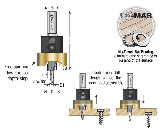 55476 Carbide Tipped Counterbore with Adjustable Depth Stop and No-Thrust Ball Bearing, 3/8 Dia x 3/16 Drill Dia x 3/8 Inch Round Shank for Wood Screw #16