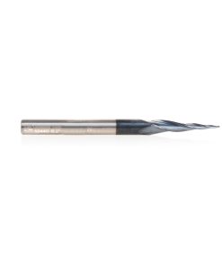 59440 Solid Carbide CNC 2D/3D Carving Steel, Stainless Steel & Composite Cutting Tapered Ball Nose with AlTiN Coating 3-Flute x 6.2 Deg x 1/64 Radius 1/32 Dia x 1 x 1/4 Shank x 3 Inch Long Up-Cut Router Bit