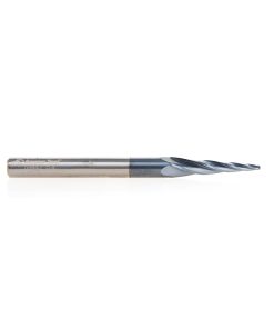 59442 Solid Carbide CNC 2D/3D Carving Steel, Stainless Steel & Composite Cutting Tapered Ball Nose with AlTiN Coating 4-Flute x 5.4 Deg x 1/32 Radius 1/16 Dia x 1-1/16 x 1/4 Shank x 3 Inch Long Up-Cut Router Bit