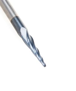59442 Solid Carbide CNC 2D/3D Carving Steel, Stainless Steel & Composite Cutting Tapered Ball Nose with AlTiN Coating 4-Flute x 5.4 Deg x 1/32 Radius 1/16 Dia x 1-1/16 x 1/4 Shank x 3 Inch Long Up-Cut Router Bit