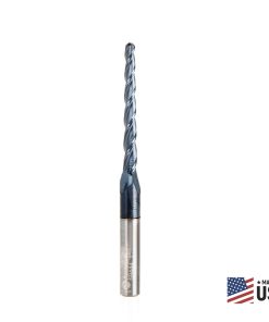 59444 Solid Carbide CNC 2D/3D Carving Steel, Stainless Steel & Composite Cutting Tapered Ball Nose with AlTiN Coating 3-Flute x 1 Deg x 1/16 Radius 1/8 Dia x 1-1/2 x 1/4 Shank x 3 Inch Long Up-Cut Router Bit