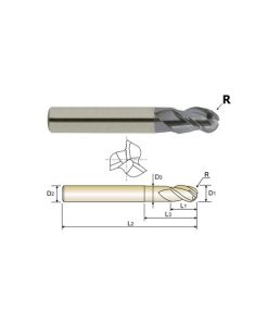 YG1-EG908020 - 2.0 x 6 x 3 x 5 x 60 R1.0 N1.9 - 3 Flute 40 Degree Helix Long Length Ball Nose With Neck Ticn Coated Carbide