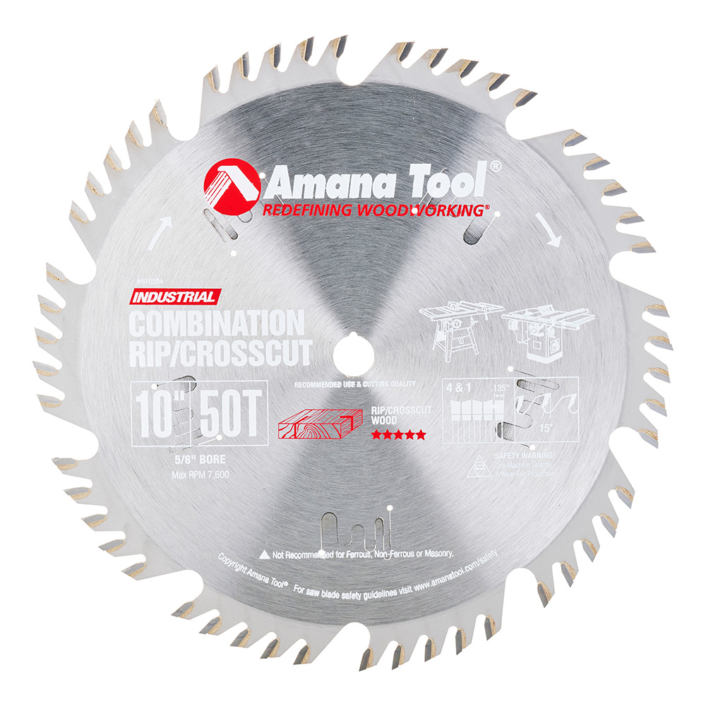 610504 Carbide Tipped Combination Ripping and Crosscut 10 Inch Dia x 50T 4+1, 15 Deg, 5/8 Bore