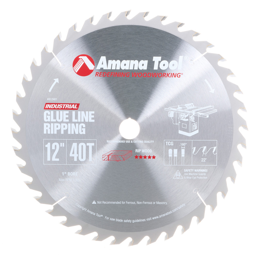 612401 Carbide Tipped Glue Line Ripping 12 inch Dia x 40T TCG, 22 Deg, 1 Inch Bore