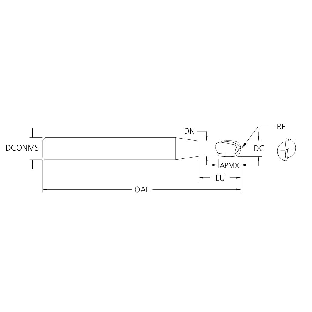 M.A.Ford 10646 TuffCut DM 2 Flute Ball Nose End Mill 1/16x1/16x2-1/2x1/4 Shk ALtima V